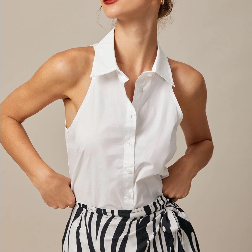 Rihoas White Collared Button Up Sleeveless Shirt